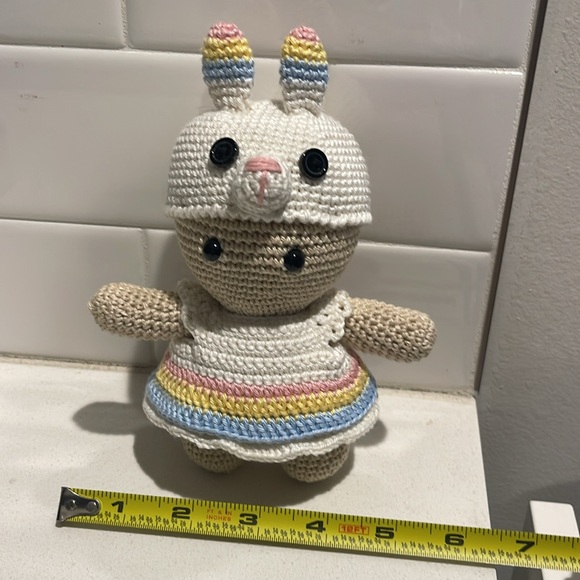 Handcrafted Doll in Bunny Rabbit Dress Easter Holiday Decor Crochet Toy Spring - Picture 11 of 12